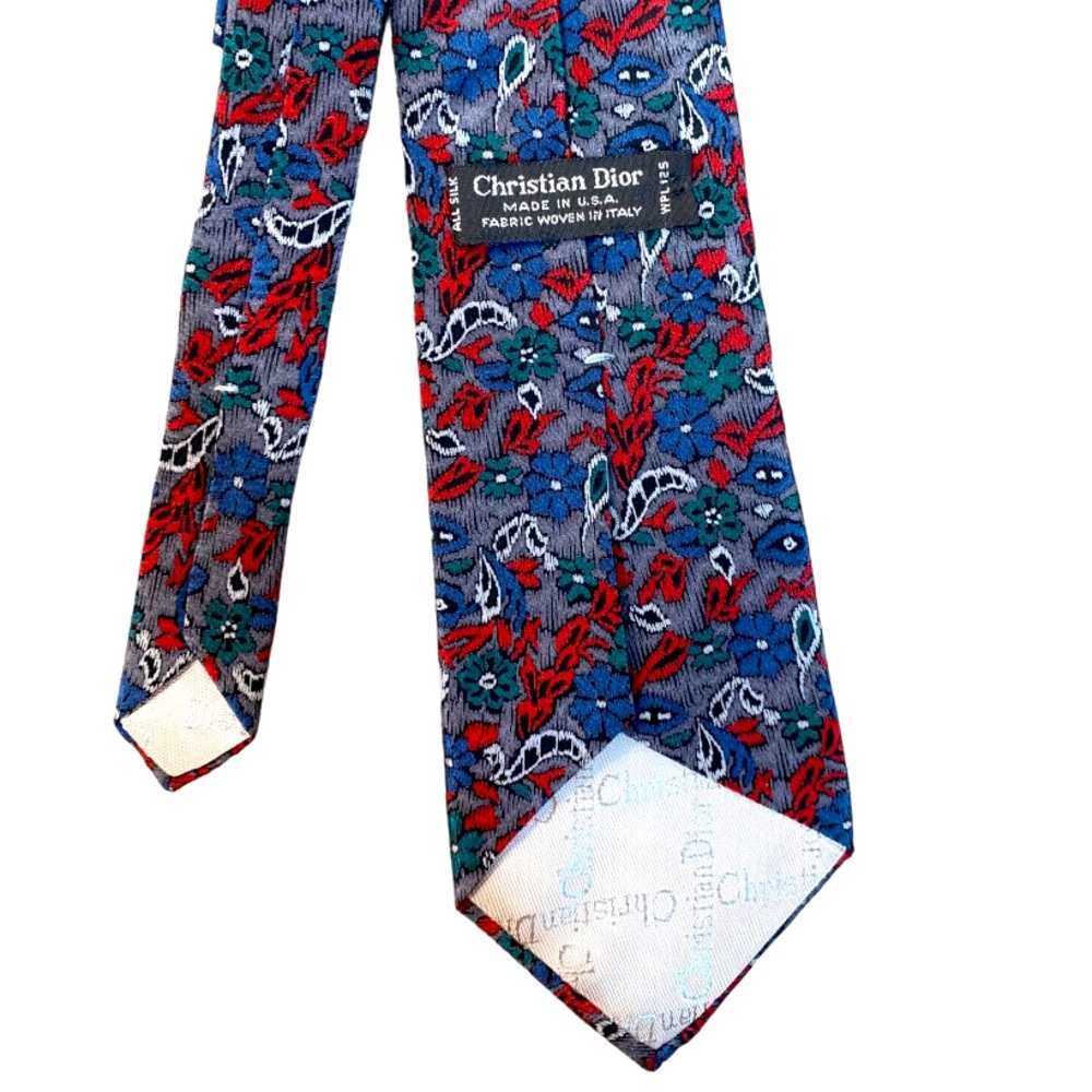 Christian Dior Floral Abstract 100% Silk Necktie Blue Green Red Floral